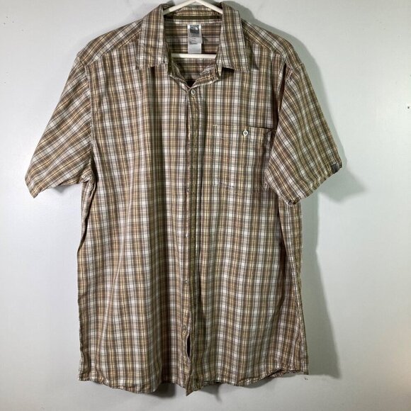 Mens The North Face Short Sleeve Button Plaid Cotton Shirt Tan Green Red 2XL Fla - Picture 1 of 6
